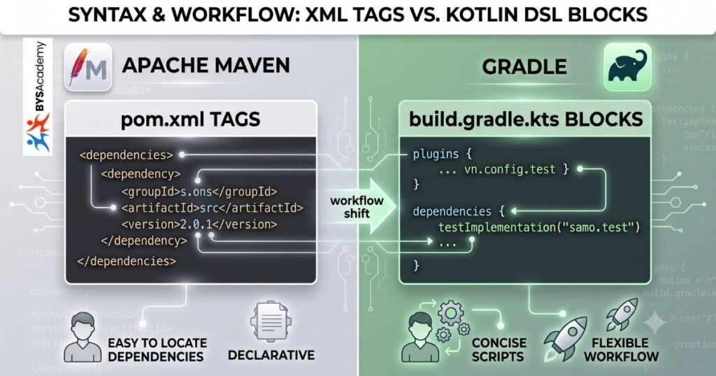 Gradle vs Maven syntax comparison showing Maven pom.xml and Gradle build.gradle.kts files