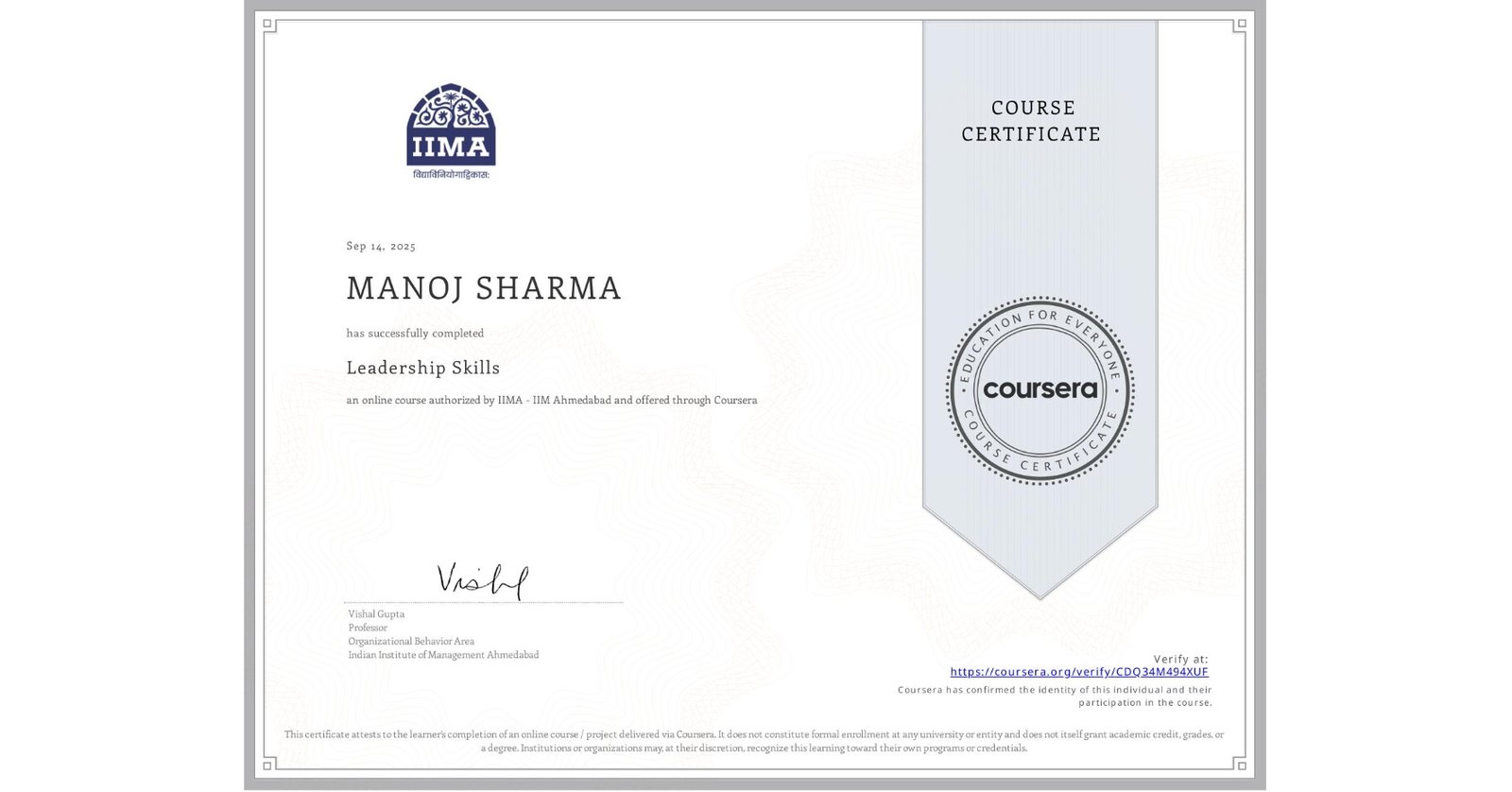 Manoj Sharma-CERTIFICATE-IIM Ahmedabad-Leadership Skills