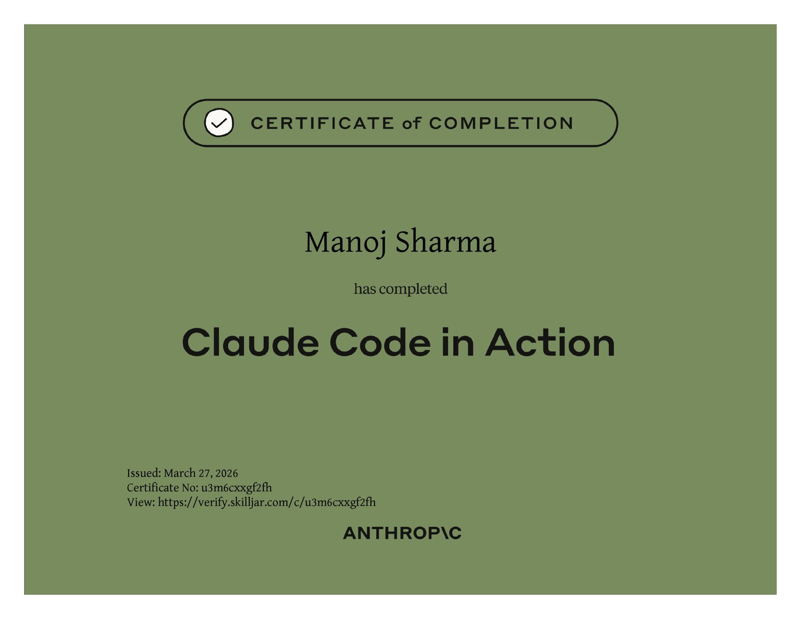 Manoj Sharma – certificate – Claude Code in Action